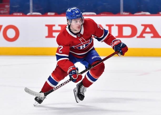 Cole Caufield of the Montreal Canadiens skates against the Winnipeg Jets during the second period in Game Four of the Second Round of the 2021...