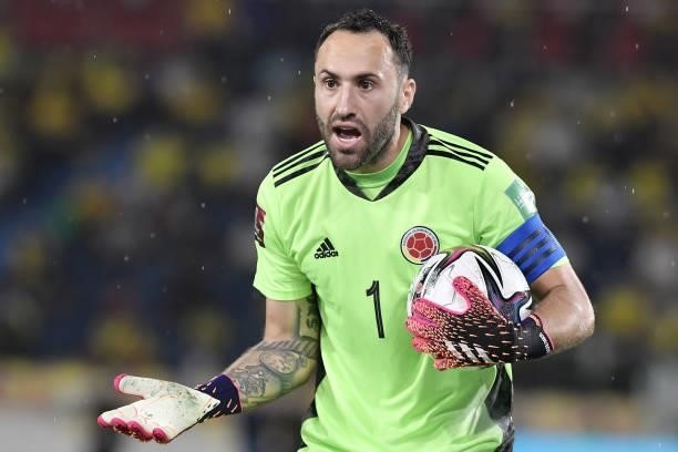 David Ospina of Colombia reacts during a match between Colombia and Argentina as part of South American Qualifiers for Qatar 2022 at Estadio...