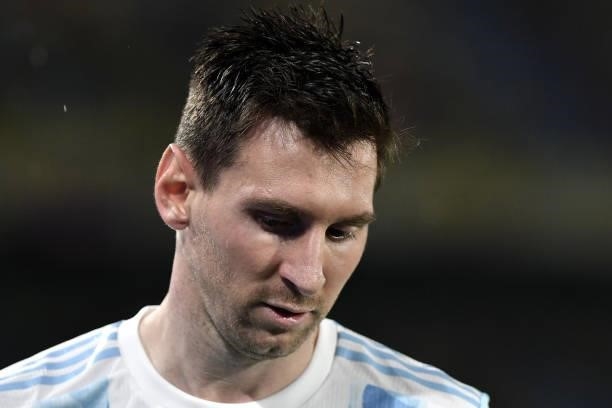 Lionel Messi of Argentina looks on during a match between Colombia and Argentina as part of South American Qualifiers for Qatar 2022 at Estadio...