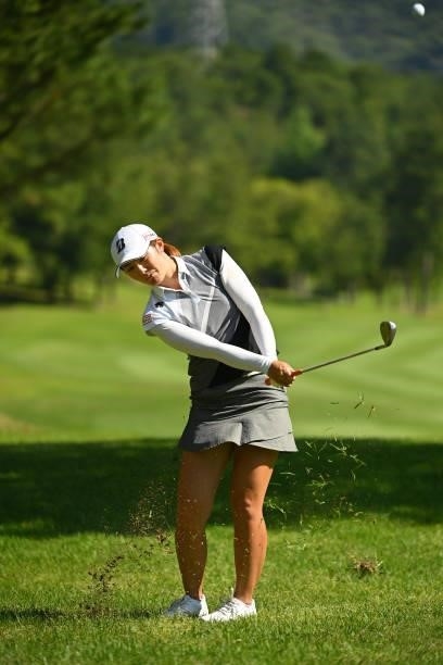 Ayaka Watanabe of Japan plays a shot on the 12th hole during the practice round of the Ai Miyazato Suntory Ladies Open at Rokko Kokusai Golf Club on...