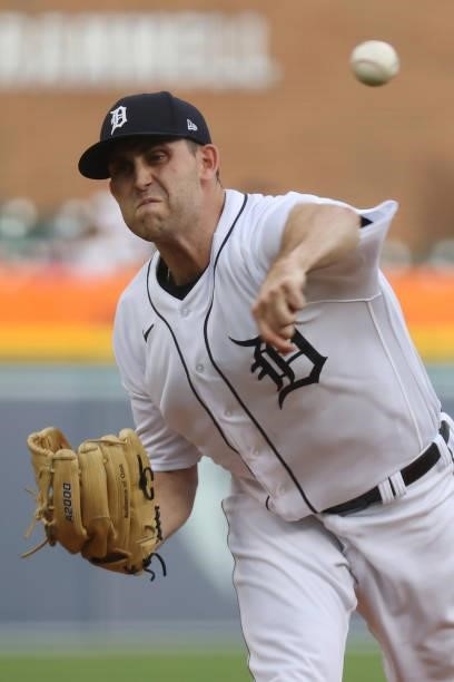 Matthew Boyd of the Detroit Tigers throws a first-inning pitch against the Seattle Mariners at Comerica Park on June 08, 2021 in Detroit, Michigan.
