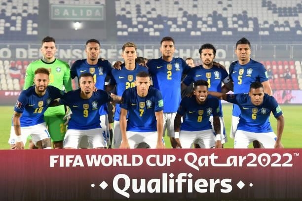 Players of Brazil pose before a match between Paraguay and Brazil as part of South American Qualifier for Qatar 2022 at Estadio Defensores del Chaco...
