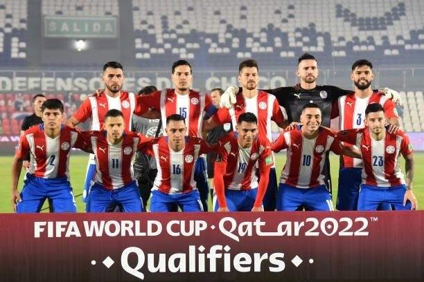 Players of Paraguay pose before a match between Paraguay and Brazil as part of South American Qualifier for Qatar 2022 at Estadio Defensores del...