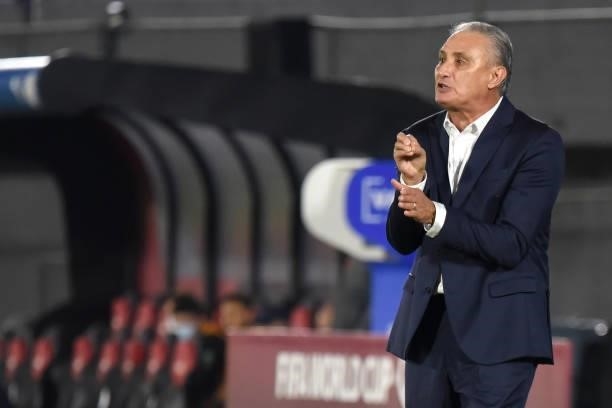 Tite coach of Brazil gesturesduring a match between Paraguay and Brazil as part of South American Qualifier for Qatar 2022 at Estadio Defensores del...