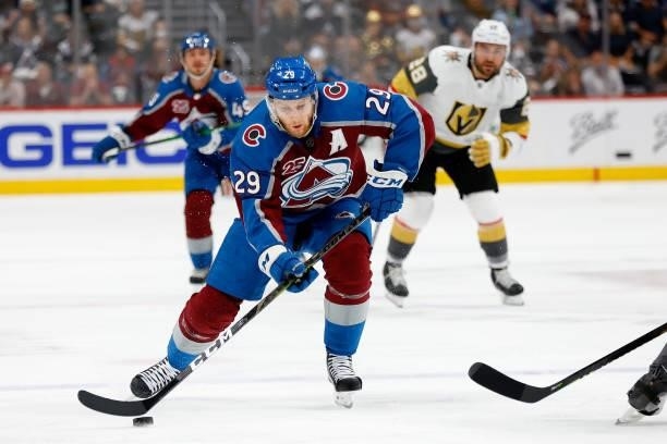 Nathan MacKinnon of the Colorado Avalanche advances the puck against the Vegas Golden Knights during the first period in Game Five of the Second...