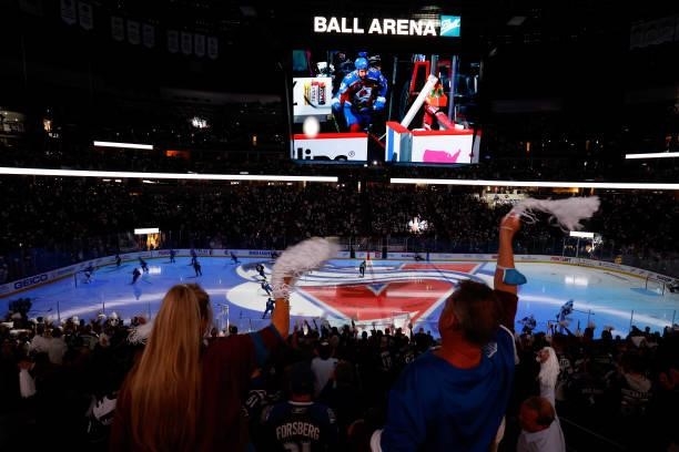 The Colorado Avalanche take the ice against the Vegas Golden Knights during Game Five of the Second Round of the 2021 Stanley Cup Playoffs at Ball...