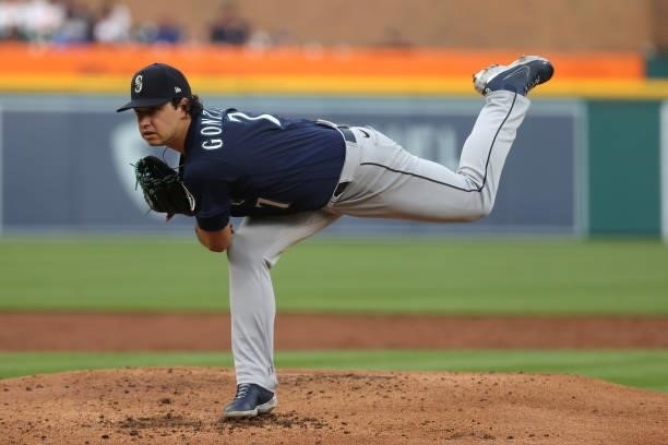 Marco Gonzales of the Seattle Mariners throws a second inning pitch against the Detroit Tigers at Comerica Park on June 08, 2021 in Detroit, Michigan.
