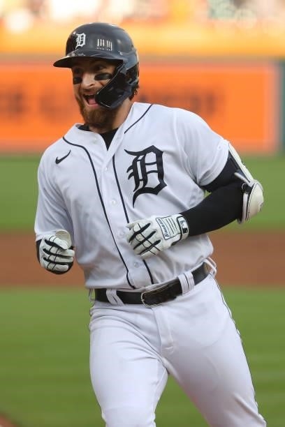 Eric Haase of the Detroit Tigers celebrates his first inning two run home run against the Seattle Mariners at Comerica Park on June 08, 2021 in...