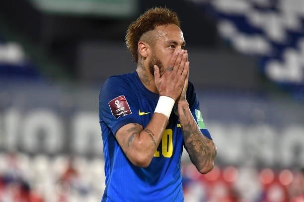 Neymar of Brazil reacts during a match between Paraguay and Brazil as part of South American Qualifier for Qatar 2022 at Estadio Defensores del Chaco...