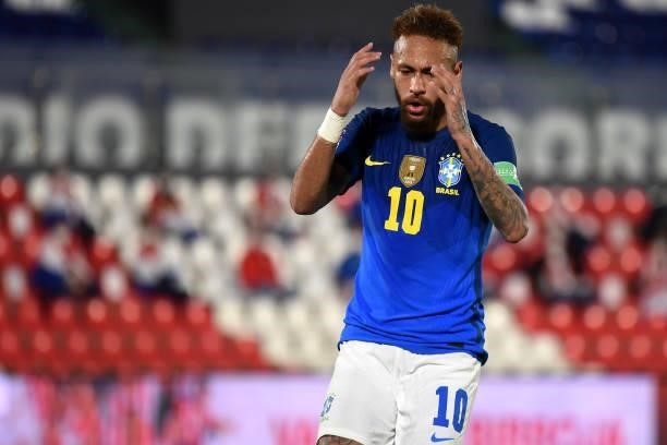 Neymar of Brazil reacts during a match between Paraguay and Brazil as part of South American Qualifier for Qatar 2022 at Estadio Defensores del Chaco...