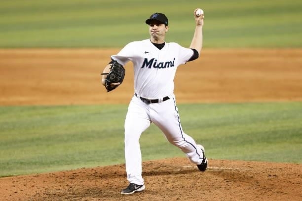 Richard Bleier of the Miami Marlins delivers a pitch during the ninth inning against the Colorado Rockies at loanDepot park on June 08, 2021 in...