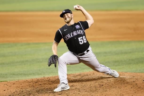 Lucas Gilbreath of the Colorado Rockies delivers a pitch against the Miami Marlins at loanDepot park on June 08, 2021 in Miami, Florida.