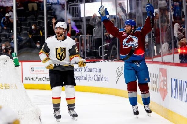 Brandon Saad of the Colorado Avalanche celebrates after scoring a goal against the Vegas Golden Knights during the first period in Game Five of the...