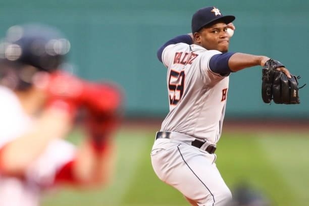 Framber Valdez of the Houston Astros pitches in the first inning of a game against the Boston Red Sox at Fenway Park on June 8, 2021 in Boston,...