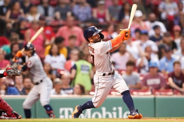 Jose Altuve of the Houston Astros bats during a game against the Boston Red Sox at Fenway Park on June 8, 2021 in Boston, Massachusetts.
