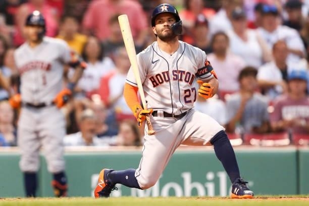 Jose Altuve of the Houston Astros reacts during a game against the Boston Red Sox at Fenway Park on June 8, 2021 in Boston, Massachusetts.