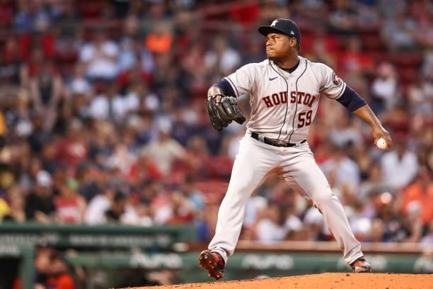 Framber Valdez of the Houston Astros pitches in the second inning of a game against the Boston Red Sox at Fenway Park on June 8, 2021 in Boston,...