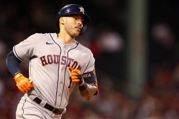 Carlos Correa of the Houston Astros runs during a game against the Boston Red Sox at Fenway Park on June 8, 2021 in Boston, Massachusetts.