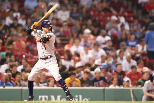 Carlos Correa of the Houston Astros bats during a game against the Boston Red Sox at Fenway Park on June 8, 2021 in Boston, Massachusetts.