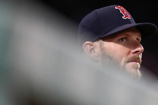 Chris Sale of the Boston Red Sox looks on from the dugout during a game against the Houston Astros at Fenway Park on June 8, 2021 in Boston,...