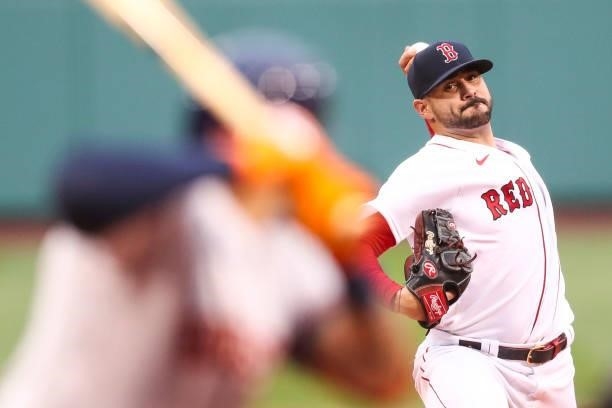 Martin Perez of the Boston Red Sox pitches in the first inning of a game against the Houston Astros at Fenway Park on June 8, 2021 in Boston,...