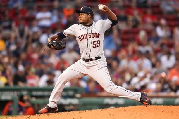 Framber Valdez of the Houston Astros pitches in the second inning of a game against the Boston Red Sox at Fenway Park on June 8, 2021 in Boston,...