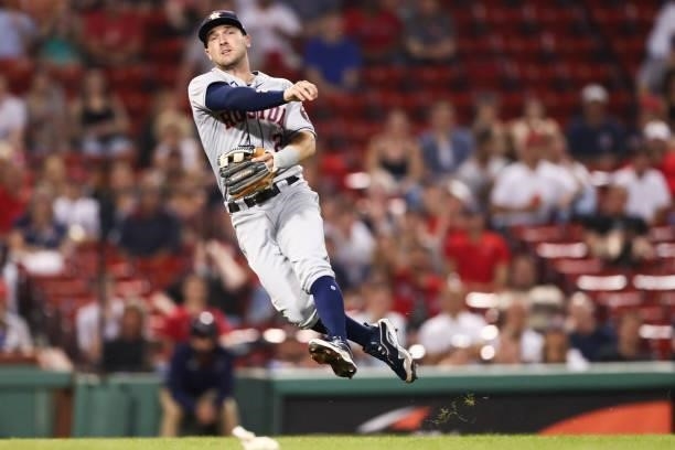 Alex Bregman of the Houston Astros throws to first base in the seventh inning of a game against the Boston Red Sox at Fenway Park on June 8, 2021 in...