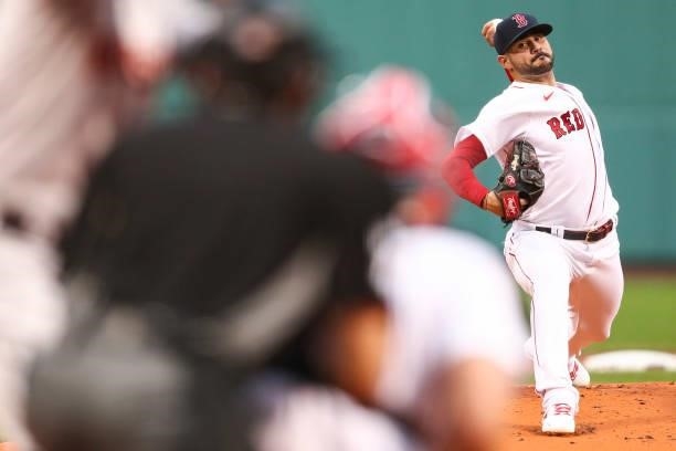 Martin Perez of the Boston Red Sox pitches in the first inning of a game against the Houston Astros at Fenway Park on June 8, 2021 in Boston,...