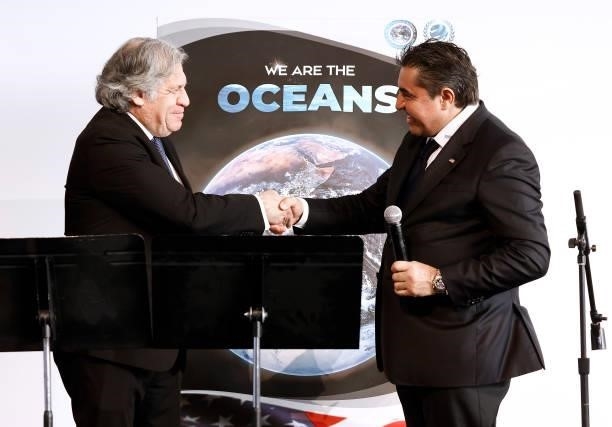 Secretary-General Luis Almagro and Ambassador Paolo Zampolli on stage at the We Are The Oceans - The World Oceans Day event at The Reach at The...