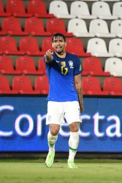 Lucas Paquetá of Brazil celebrates after scoring the second goal of his team during a match between Paraguay and Brazil as part of South American...