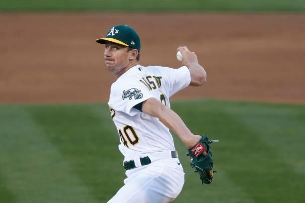 Chris Bassitt of the Oakland Athletics pitches in the top of the second inning against the Arizona Diamondbacks at RingCentral Coliseum on June 08,...