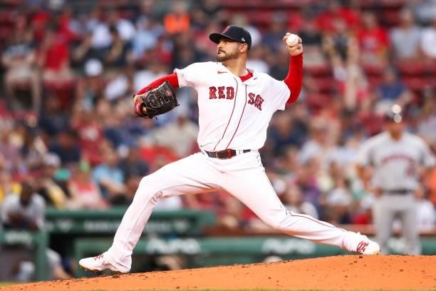 Martin Perez of the Boston Red Sox pitches in the second inning of a game against the Houston Astros at Fenway Park on June 8, 2021 in Boston,...
