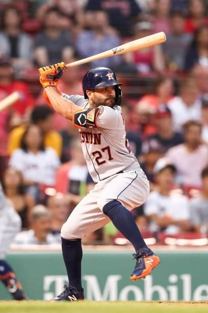 Jose Altuve of the Houston Astros bats during a game against the Boston Red Sox at Fenway Park on June 8, 2021 in Boston, Massachusetts.