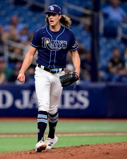 Tyler Glasnow of the Tampa Bay Rays reacts during the third inning against the Washington Nationals at Tropicana Field on June 08, 2021 in St...