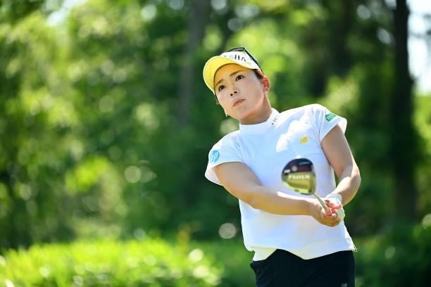 Chie Arimura of Japan hits her tee shot on the 14th hole during the practice round of the Ai Miyazato Suntory Ladies Open at Rokko Kokusai Golf Club...