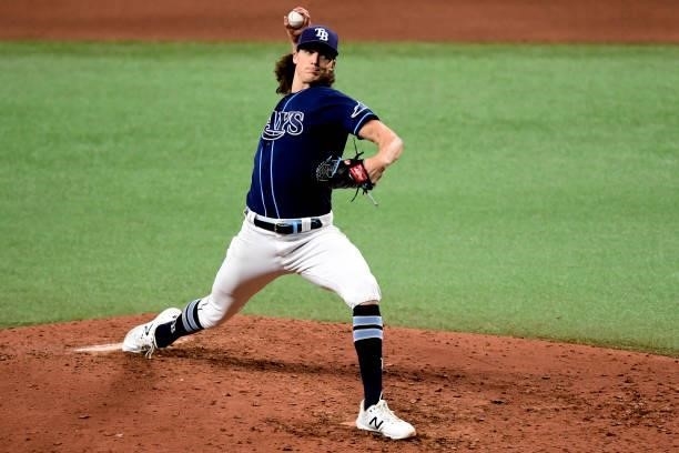 Tyler Glasnow of the Tampa Bay Rays throws a pitch during the fifth inning against the Washington Nationals at Tropicana Field on June 08, 2021 in St...