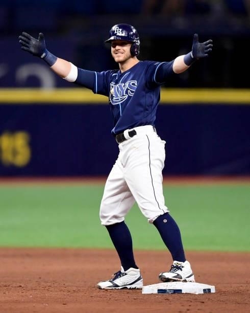 Mike Brosseau of the Tampa Bay Rays reacts after hitting an rbi double during the fifth inning against the Washington Nationals at Tropicana Field on...