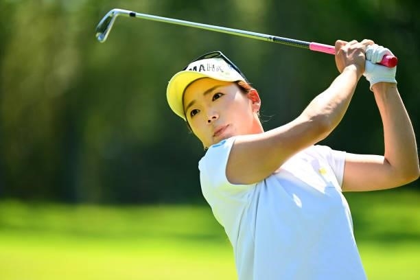 Chie Arimura of Japan plays a shot on the 14th hole during the practice round of the Ai Miyazato Suntory Ladies Open at Rokko Kokusai Golf Club on...