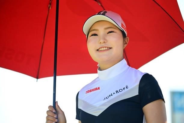 Sayaka Takahashi of Japan smiles on the 14th hole during the practice round of the Ai Miyazato Suntory Ladies Open at Rokko Kokusai Golf Club on June...
