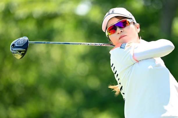 Kana Mikashima of Japan hits her tee shot on the 14th hole during the practice round of the Ai Miyazato Suntory Ladies Open at Rokko Kokusai Golf...