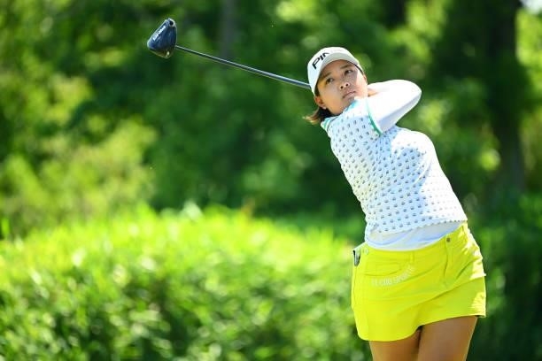 Ai Suzuki of Japan hits her tee shot on the 14th hole during the practice round of the Ai Miyazato Suntory Ladies Open at Rokko Kokusai Golf Club on...