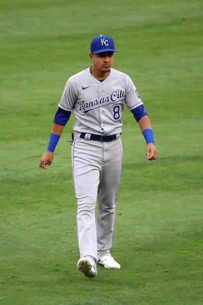 Nicky Lopez of the Kansas City Royals looks on before the game against the Los Angeles Angels at Angel Stadium of Anaheim on June 07, 2021 in...