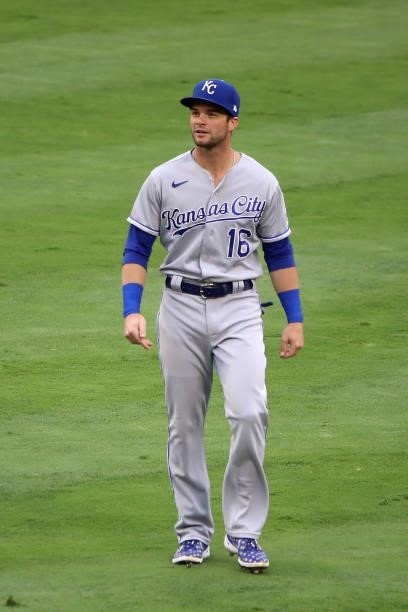 Andrew Benintendi of the Kansas City Royals looks on before the game against the Los Angeles Angels at Angel Stadium of Anaheim on June 07, 2021 in...