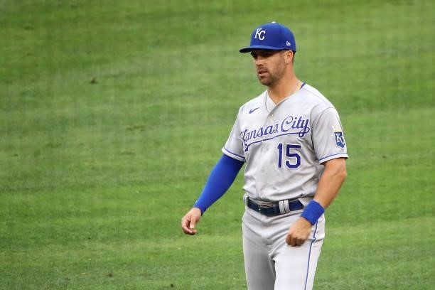 Whit Merrifield of the Kansas City Royals looks on before the game against the Los Angeles Angels at Angel Stadium of Anaheim on June 07, 2021 in...