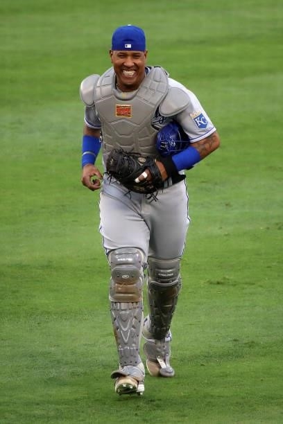 Salvador Perez of the Kansas City Royals looks on before the game against the Los Angeles Angels at Angel Stadium of Anaheim on June 07, 2021 in...