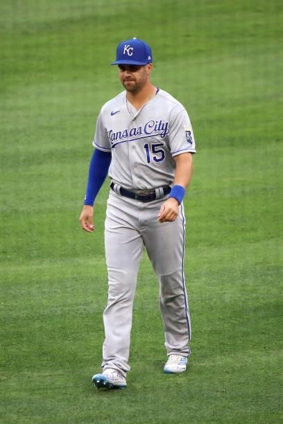 Whit Merrifield of the Kansas City Royals looks on before the game against the Los Angeles Angels at Angel Stadium of Anaheim on June 07, 2021 in...