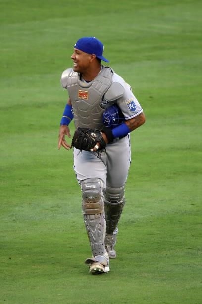 Salvador Perez of the Kansas City Royals looks on before the game against the Los Angeles Angels at Angel Stadium of Anaheim on June 07, 2021 in...