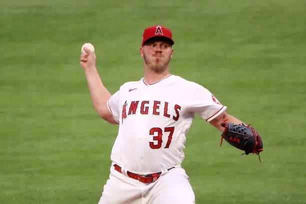 Dylan Bundy of the Los Angeles Angels pitches during the first inning against the Kansas City Royals at Angel Stadium of Anaheim on June 07, 2021 in...