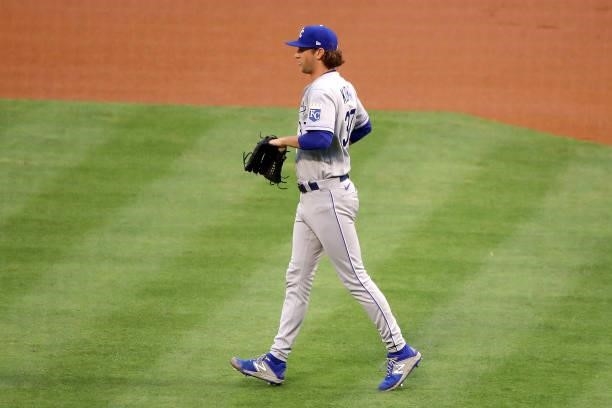 Jackson Kowar of the Kansas City Royals jogs to the mound during the first inning against the Los Angeles Angels at Angel Stadium of Anaheim on June...