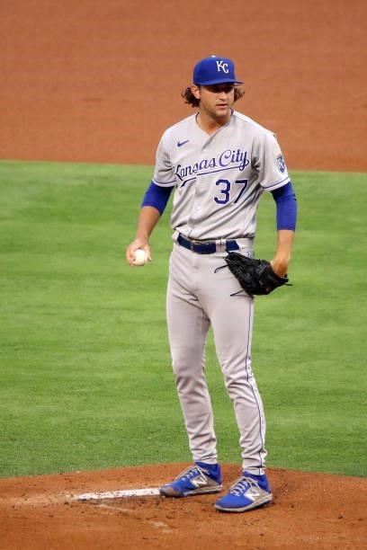 Jackson Kowar of the Kansas City Royals stands on the mound during the first inning against the Los Angeles Angels at Angel Stadium of Anaheim on...